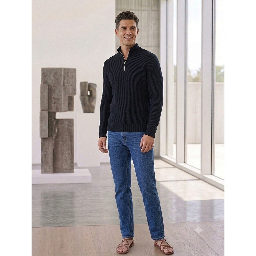 Massimo Dutti Mens Navy Blue Cotton Mock Neck Quarter Zip Sweater Fisherman L
